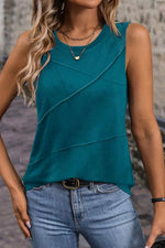 Blue Sapphire Solid Color Stitching Detail Round Neck Tank Top - MarkoFit