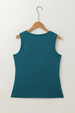 Blue Sapphire Solid Color Stitching Detail Round Neck Tank Top - MarkoFit