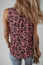 Brown Leaf Print Lace-up V Neck Crinckled Tank Top - MarkoFit