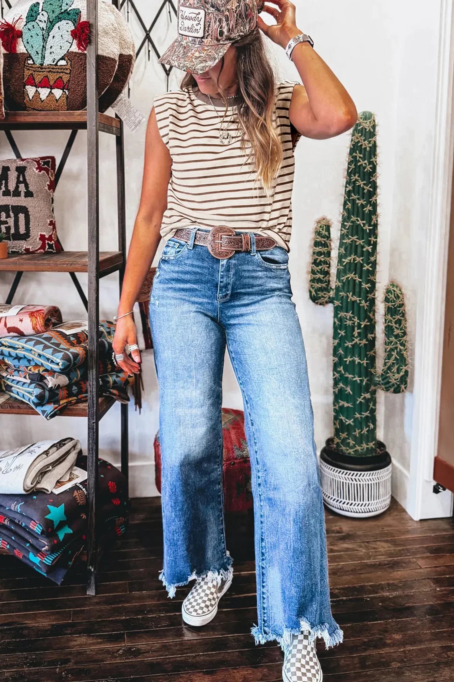 Brown Stripe Ribbed Round Neck Trim Loose Tank Top - MarkoFit