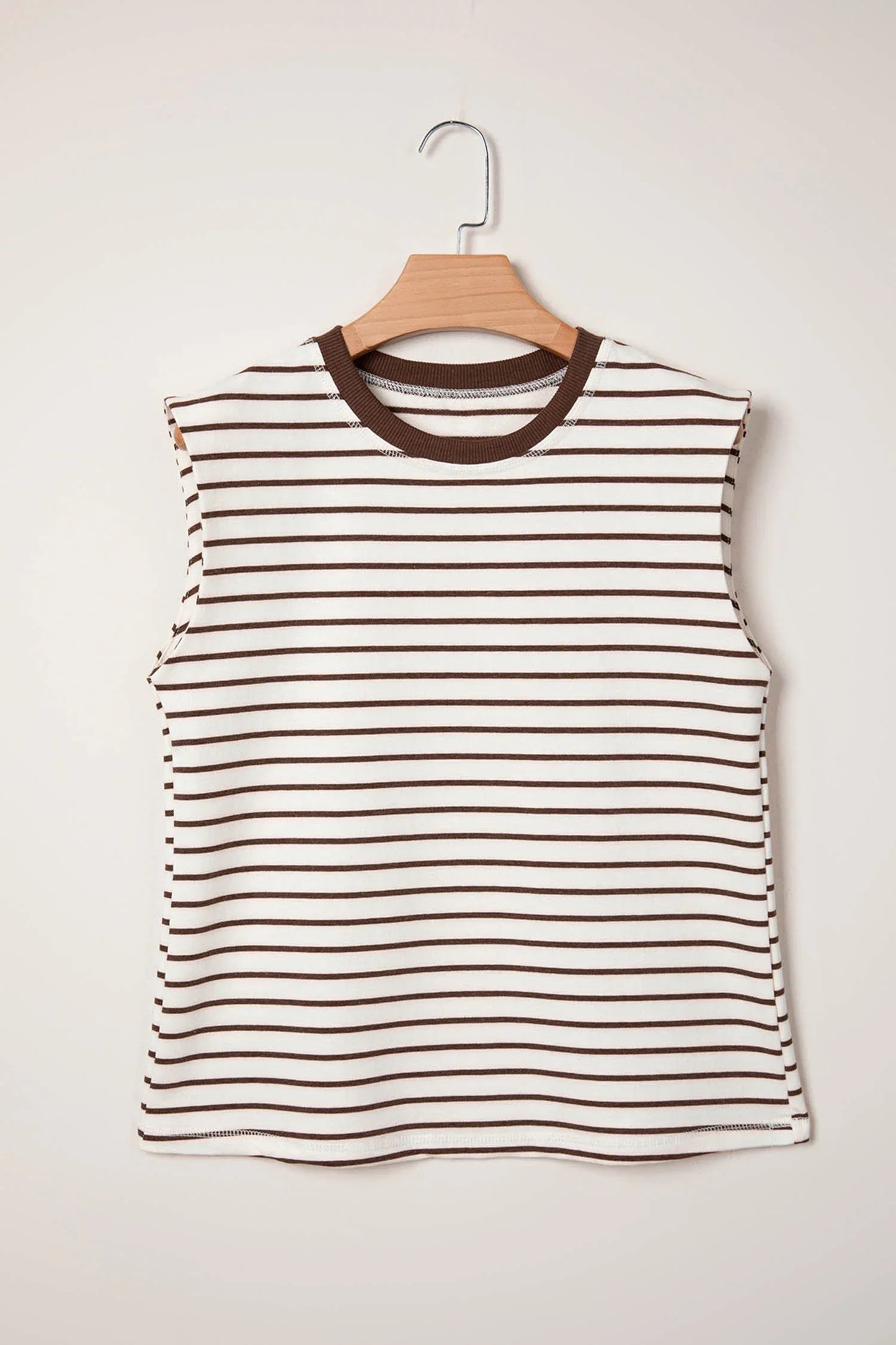 Brown Stripe Ribbed Round Neck Trim Loose Tank Top - MarkoFit