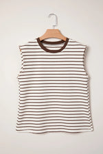 Brown Stripe Ribbed Round Neck Trim Loose Tank Top - MarkoFit