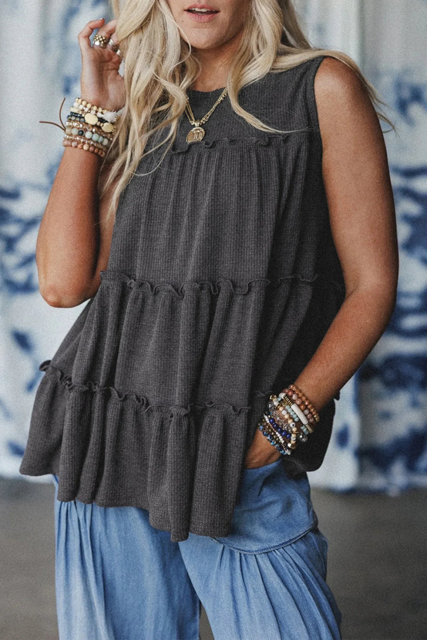 Dark Grey Tiered Frill Trim A-line Tank Top - MarkoFit