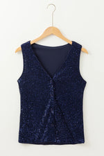 Dirty blue Sequined Deep V Neck Buttoned Tank Top - MarkoFit