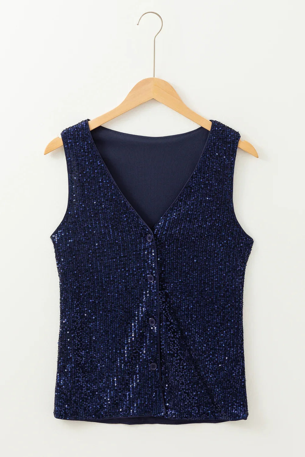 Dirty blue Sequined Deep V Neck Buttoned Tank Top - MarkoFit