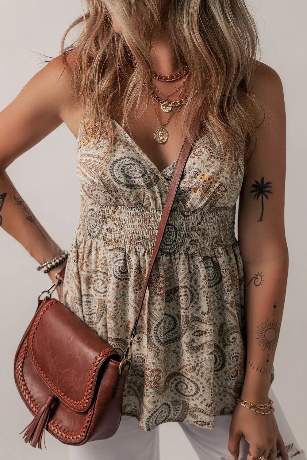 Khaki Paisley Printed Spaghetti Strap V Neck Smocked Babydoll Tank Top - MarkoFit