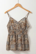 Khaki Paisley Printed Spaghetti Strap V Neck Smocked Babydoll Tank Top - MarkoFit