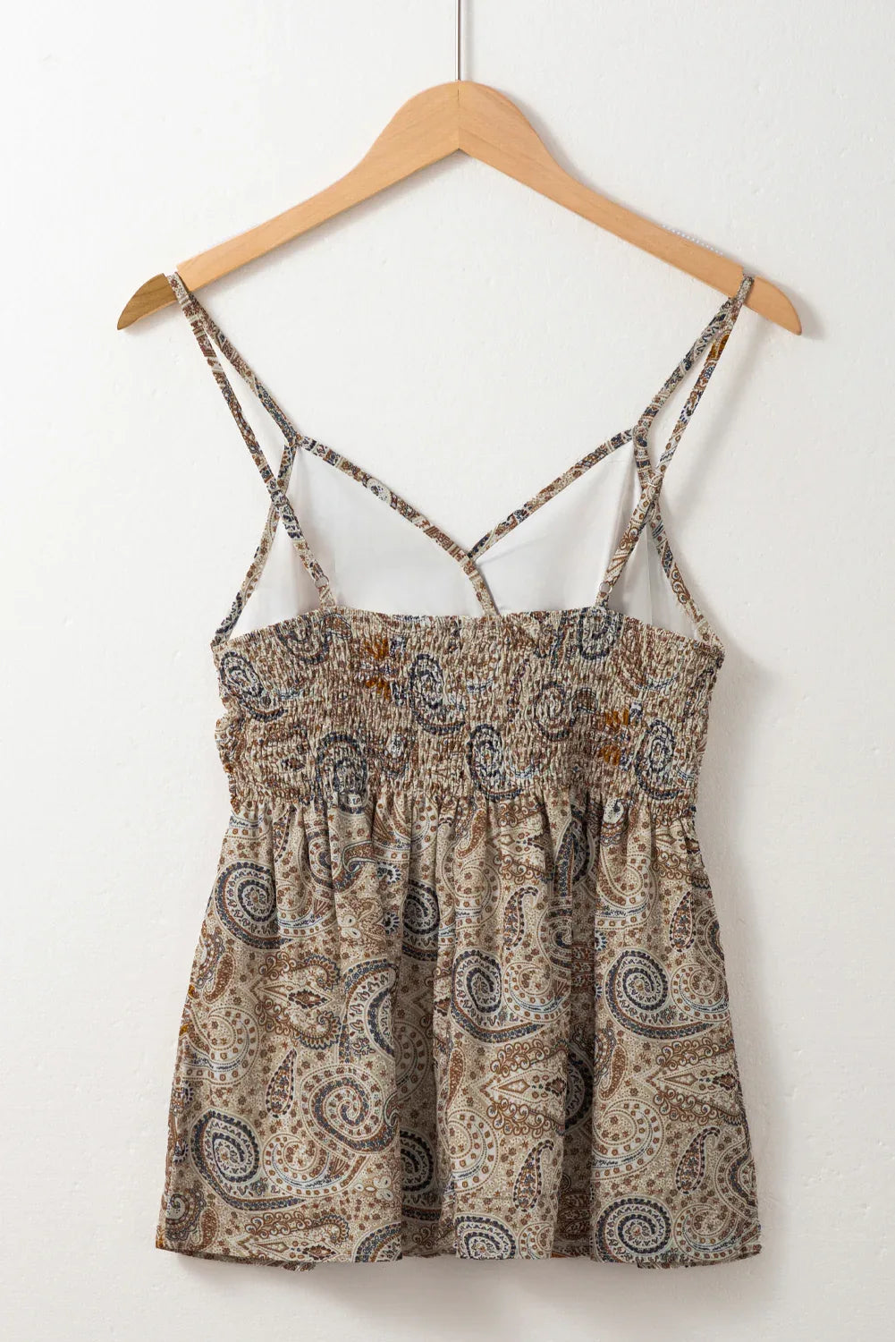 Khaki Paisley Printed Spaghetti Strap V Neck Smocked Babydoll Tank Top - MarkoFit