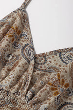 Khaki Paisley Printed Spaghetti Strap V Neck Smocked Babydoll Tank Top - MarkoFit