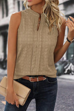 Light French Beige Lattice Textured Split Neck Tank Top - MarkoFit