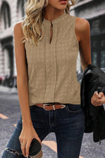 Light French Beige Lattice Textured Split Neck Tank Top - MarkoFit