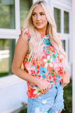 Pink Embroidered Detail Floral Print Ruffle Trim Tank Top - MarkoFit