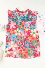 Pink Embroidered Detail Floral Print Ruffle Trim Tank Top - MarkoFit