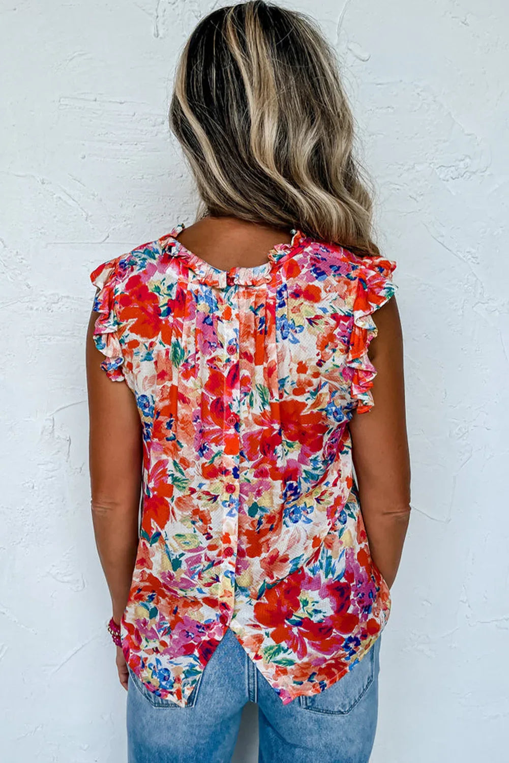 Red Frilled Neck Pleated Boho Floral Tank Top - MarkoFit