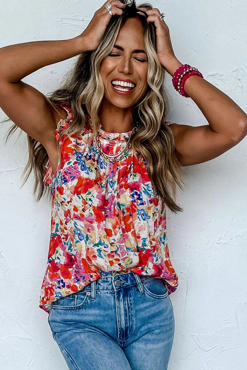 Red Frilled Neck Pleated Boho Floral Tank Top - MarkoFit