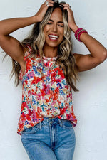 Red Frilled Neck Pleated Boho Floral Tank Top - MarkoFit