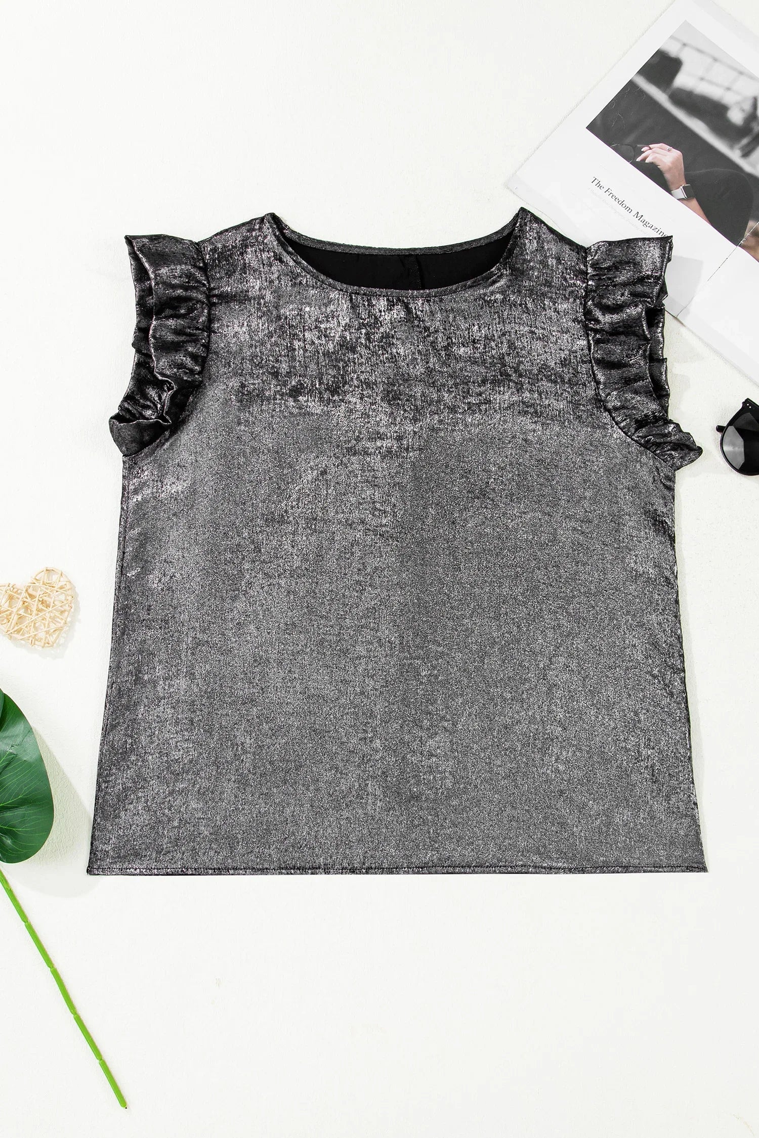Silvery Metallic Round Neck Ruffle Trim Sleeveless Top - MarkoFit