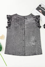 Silvery Metallic Round Neck Ruffle Trim Sleeveless Top - MarkoFit