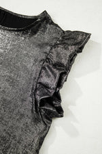 Silvery Metallic Round Neck Ruffle Trim Sleeveless Top - MarkoFit