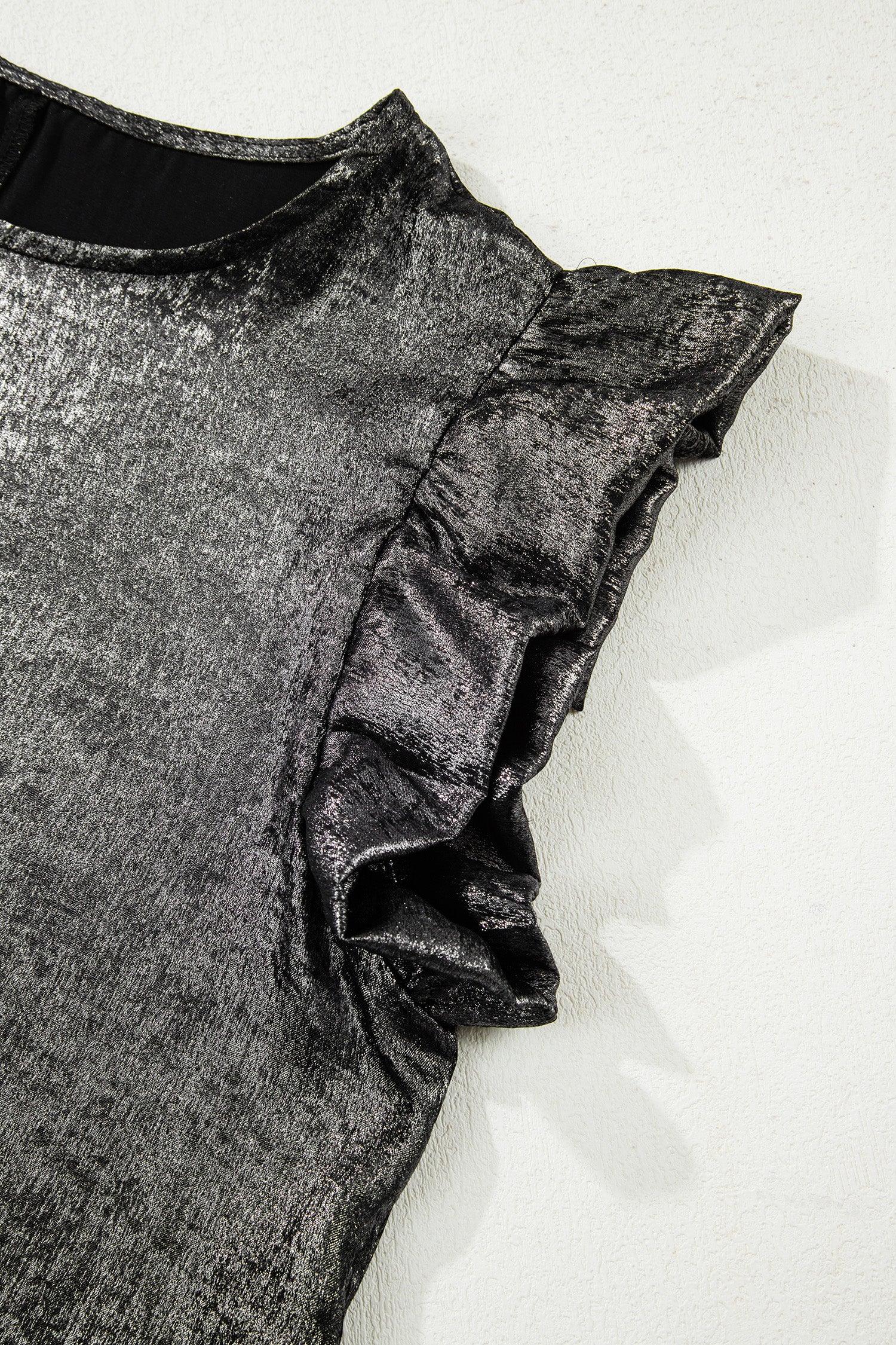 Silvery Metallic Round Neck Ruffle Trim Sleeveless Top - MarkoFit