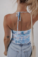 Sky Blue Random Printed Mesh Bow Detail Halterneck Tank Top - MarkoFit