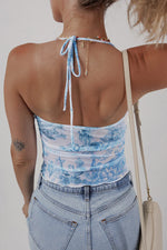 Sky Blue Random Printed Mesh Bow Detail Halterneck Tank Top - MarkoFit