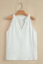 White Textured Lace Trim Pure Cotton Sleeveless Top - MarkoFit