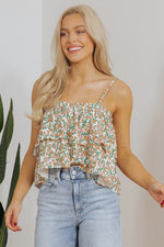 White Boho Floral Spaghetti Strap Ruffle Summer Tank Top - MarkoFit