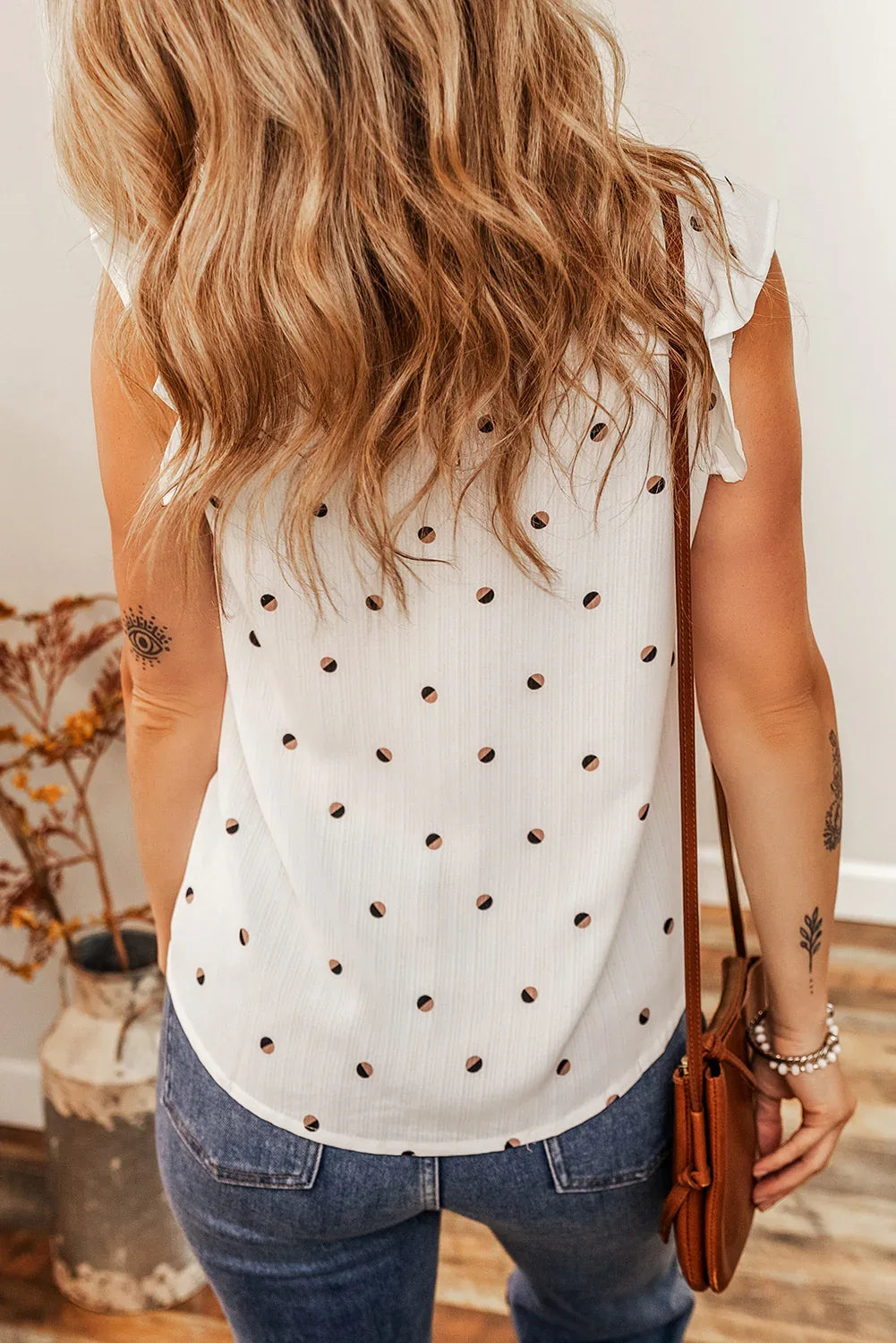 White Polka Dot Print Ruffled Shoulder V Neck Tank Top - MarkoFit