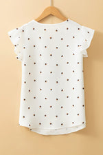 White Polka Dot Print Ruffled Shoulder V Neck Tank Top - MarkoFit