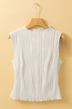 White Solid Color Wavy Textured Round Neck Tank Top - MarkoFit
