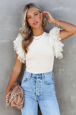 White Dotty Mesh Ruffle Sleeve Ribbed Knit Top - MarkoFit