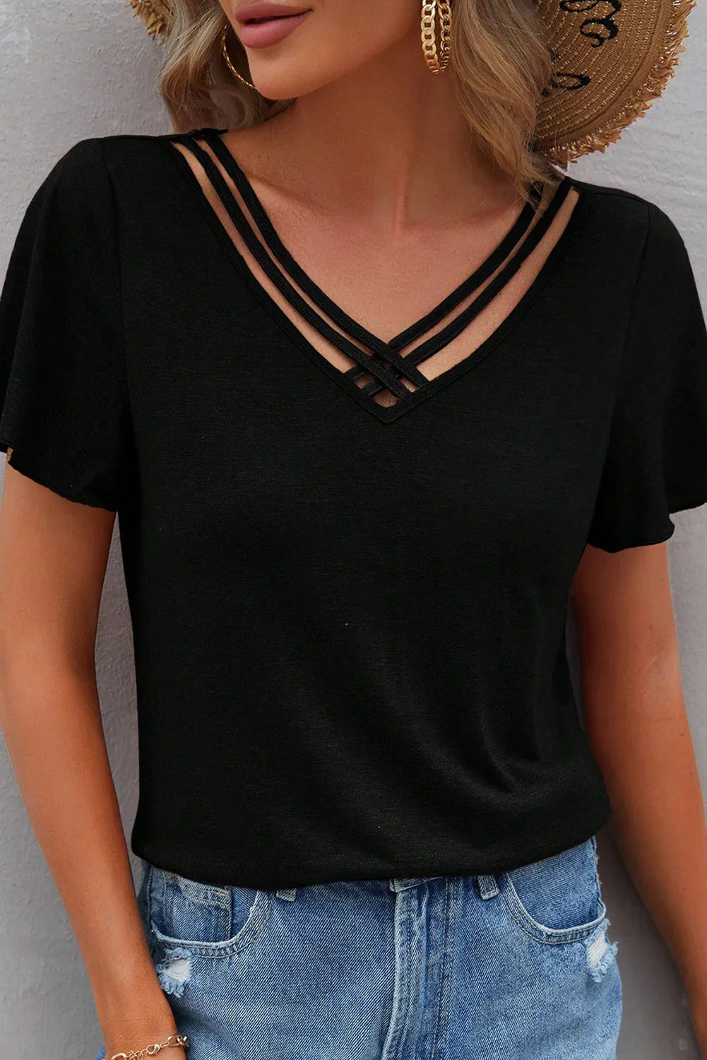 Black Crisscross V Neck Butterfly Sleeve T Shirt - MarkoFit