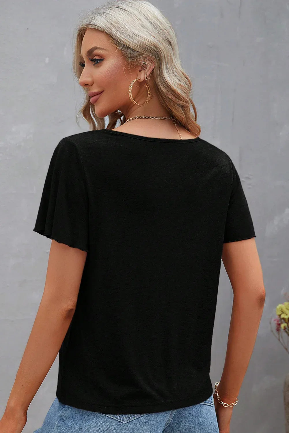 Black Crisscross V Neck Butterfly Sleeve T Shirt - MarkoFit
