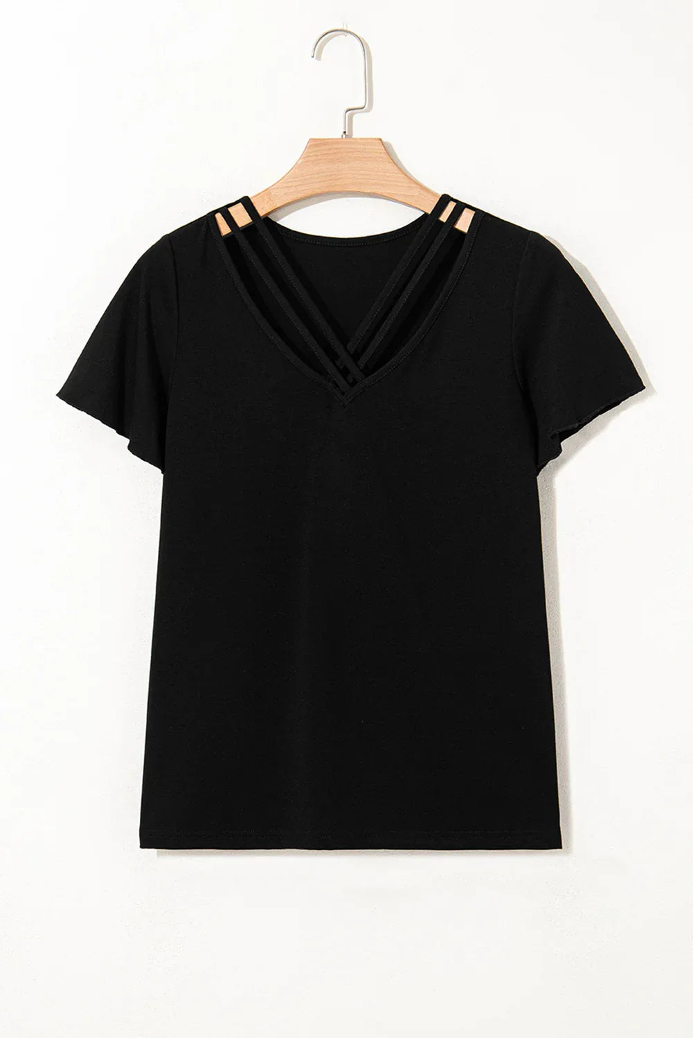 Black Crisscross V Neck Butterfly Sleeve T Shirt - MarkoFit