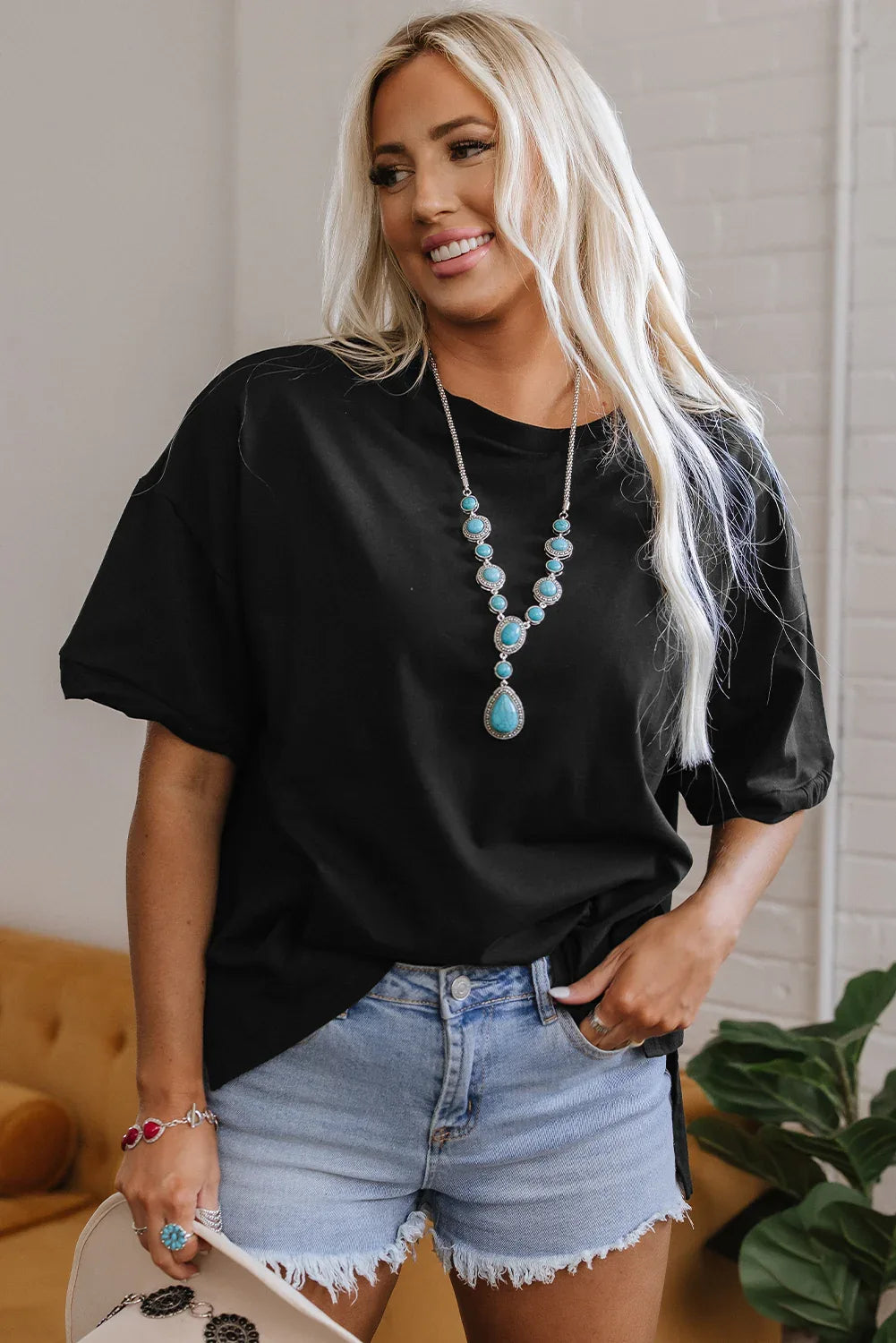 Black Loose Half Sleeve Hi Low Hem T Shirt - MarkoFit