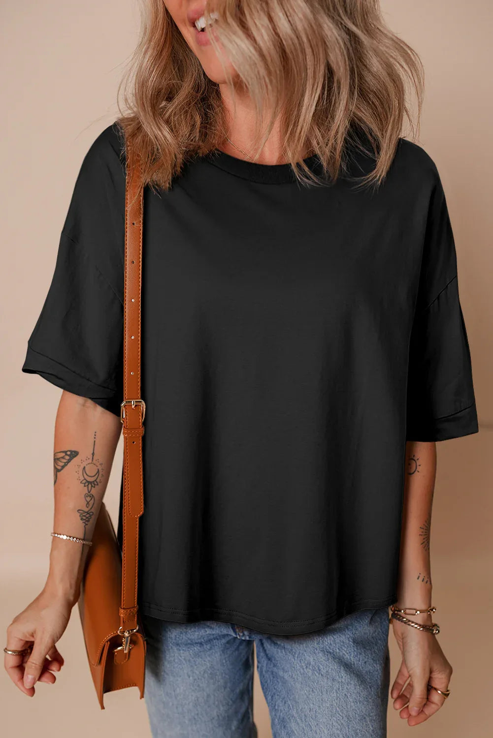 Black Loose Half Sleeve Hi Low Hem T Shirt - MarkoFit