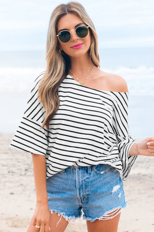 Black Stripe Half Sleeve Scoop Neck Loose Top - MarkoFit