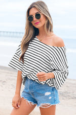 Black Stripe Half Sleeve Scoop Neck Loose Top - MarkoFit