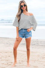 Black Stripe Half Sleeve Scoop Neck Loose Top - MarkoFit