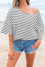 Black Stripe Half Sleeve Scoop Neck Loose Top - MarkoFit