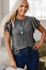 Dark Grey Layered Ruffle Short Sleeve Round Neck Top - MarkoFit