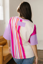 Pink Striped Color Block Flower Patched Half Sleeve Loose Top - MarkoFit