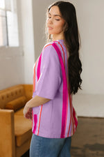 Pink Striped Color Block Flower Patched Half Sleeve Loose Top - MarkoFit