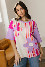Pink Striped Color Block Flower Patched Half Sleeve Loose Top - MarkoFit