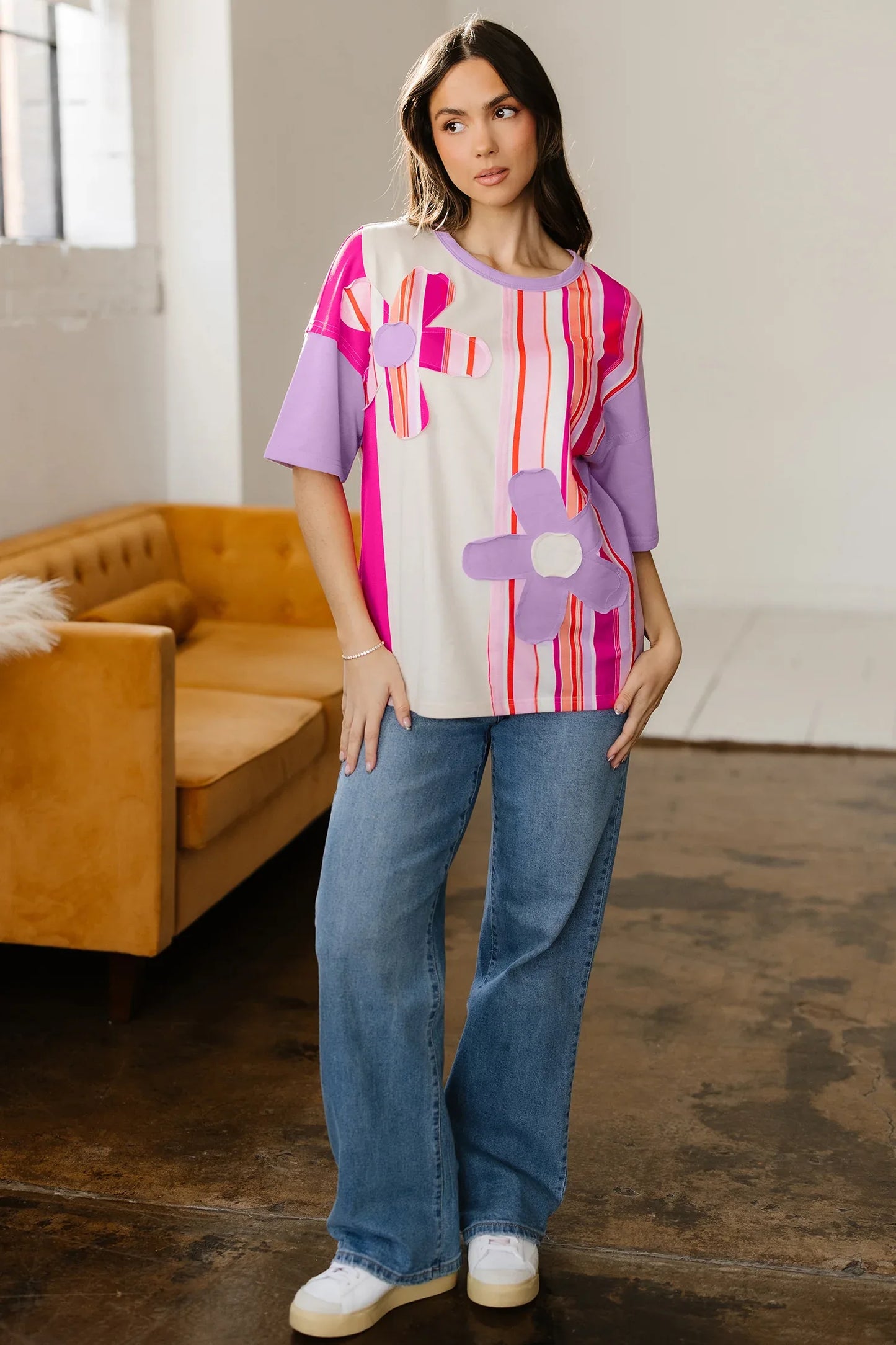 Pink Striped Color Block Flower Patched Half Sleeve Loose Top - MarkoFit