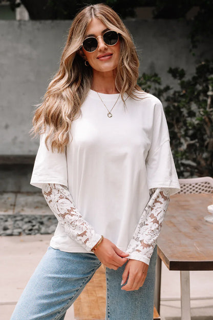 White Lace Long Sleeve Insert Drop Shoulder Tee - MarkoFit
