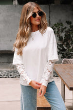 White Lace Long Sleeve Insert Drop Shoulder Tee - MarkoFit