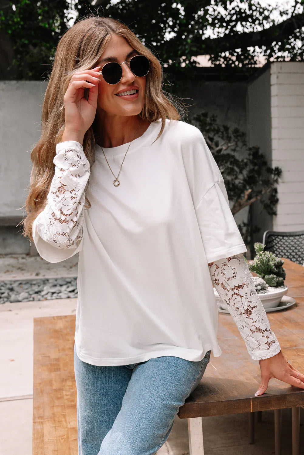 White Lace Long Sleeve Insert Drop Shoulder Tee - MarkoFit