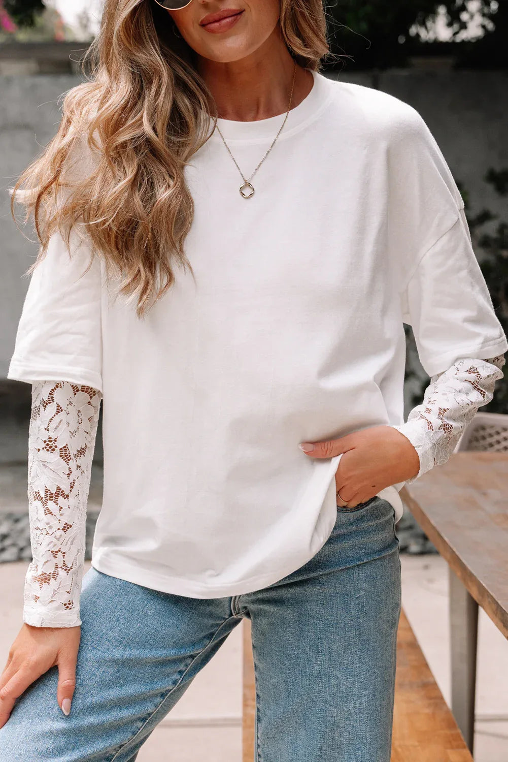 White Lace Long Sleeve Insert Drop Shoulder Tee - MarkoFit